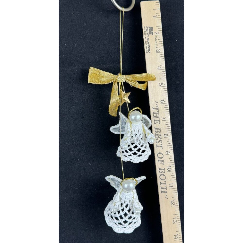 Avon Crocheted Lace Ornament Angels 13 inches White Gold Bow in Box F32908-1 - Picture 11 of 15